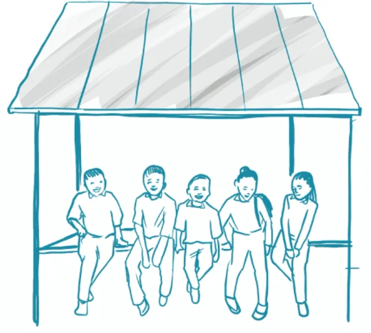 Illustration of children sitting under a solar panel